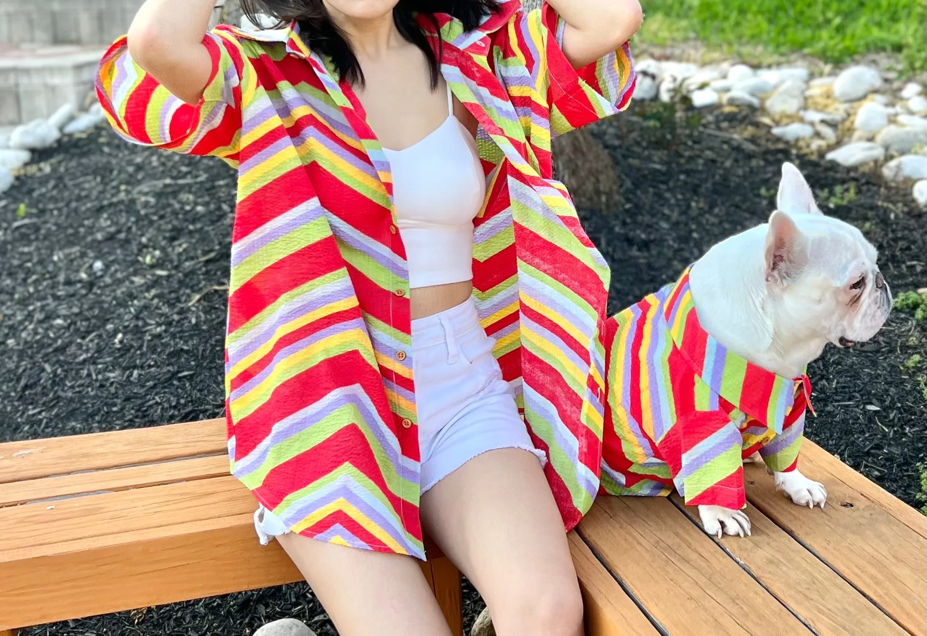 1980s Vibes Searsucker Owner and Pet Matching Button Shirt / Bandana