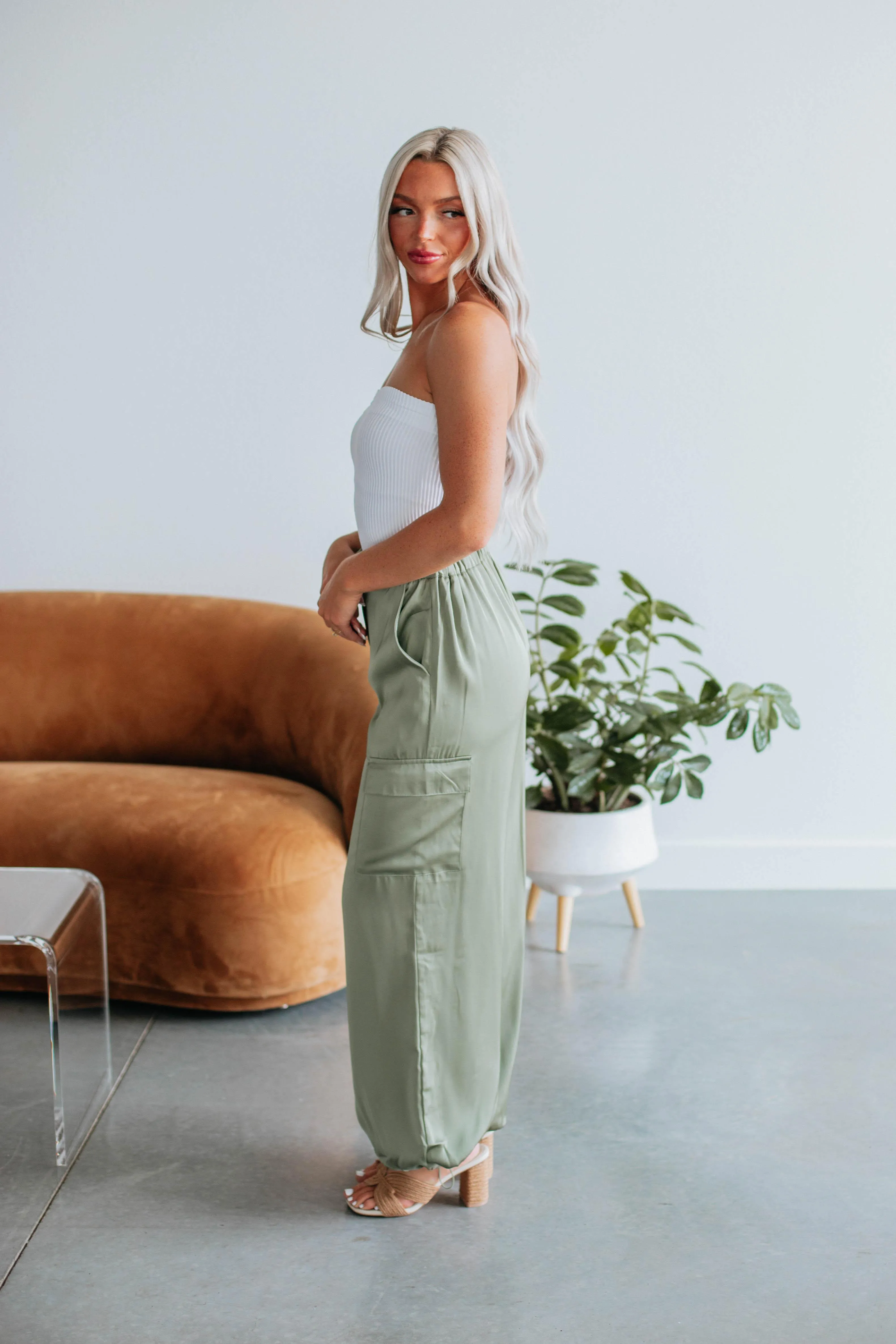 Adara Satin Cargo Pants - Olive