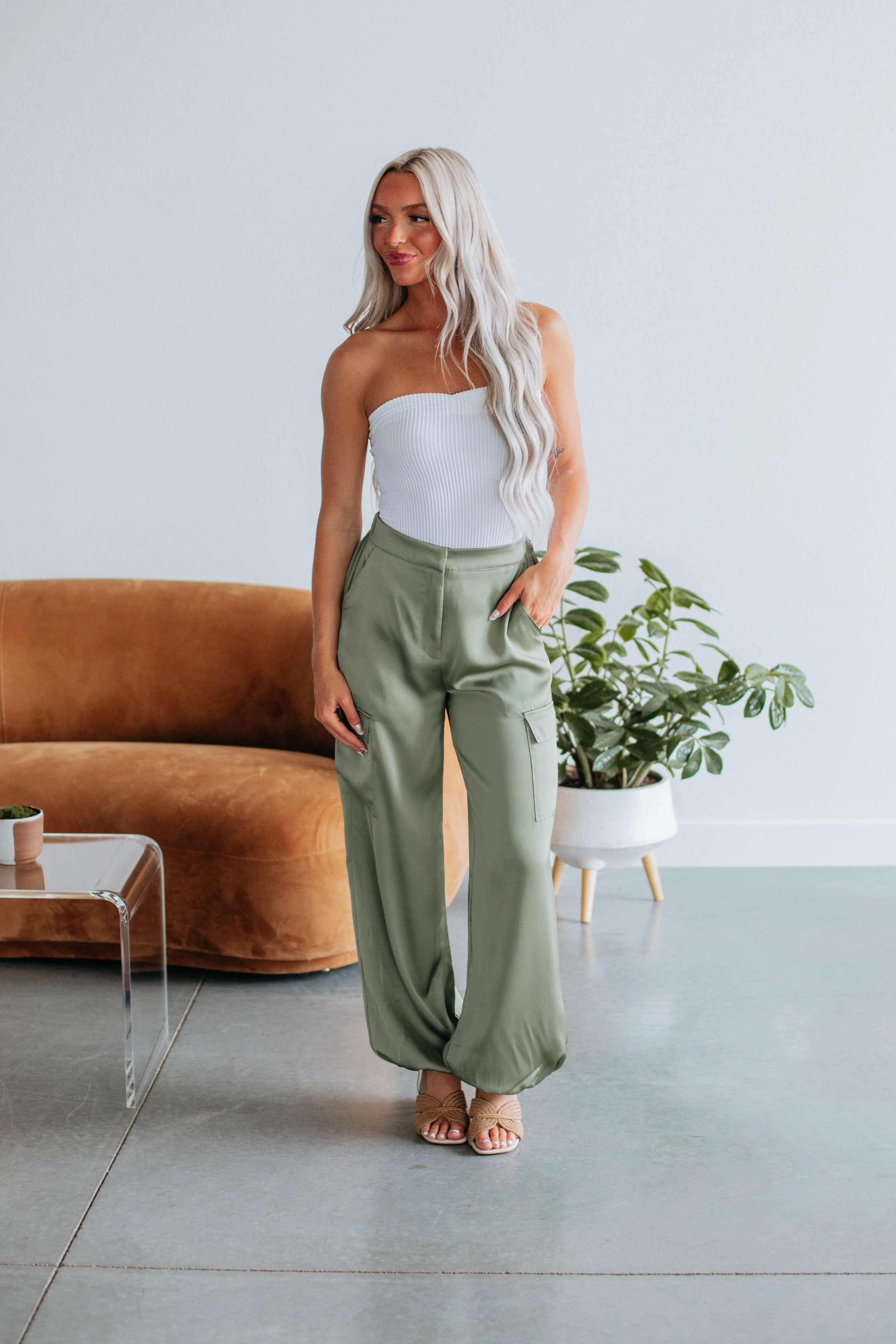 Adara Satin Cargo Pants - Olive