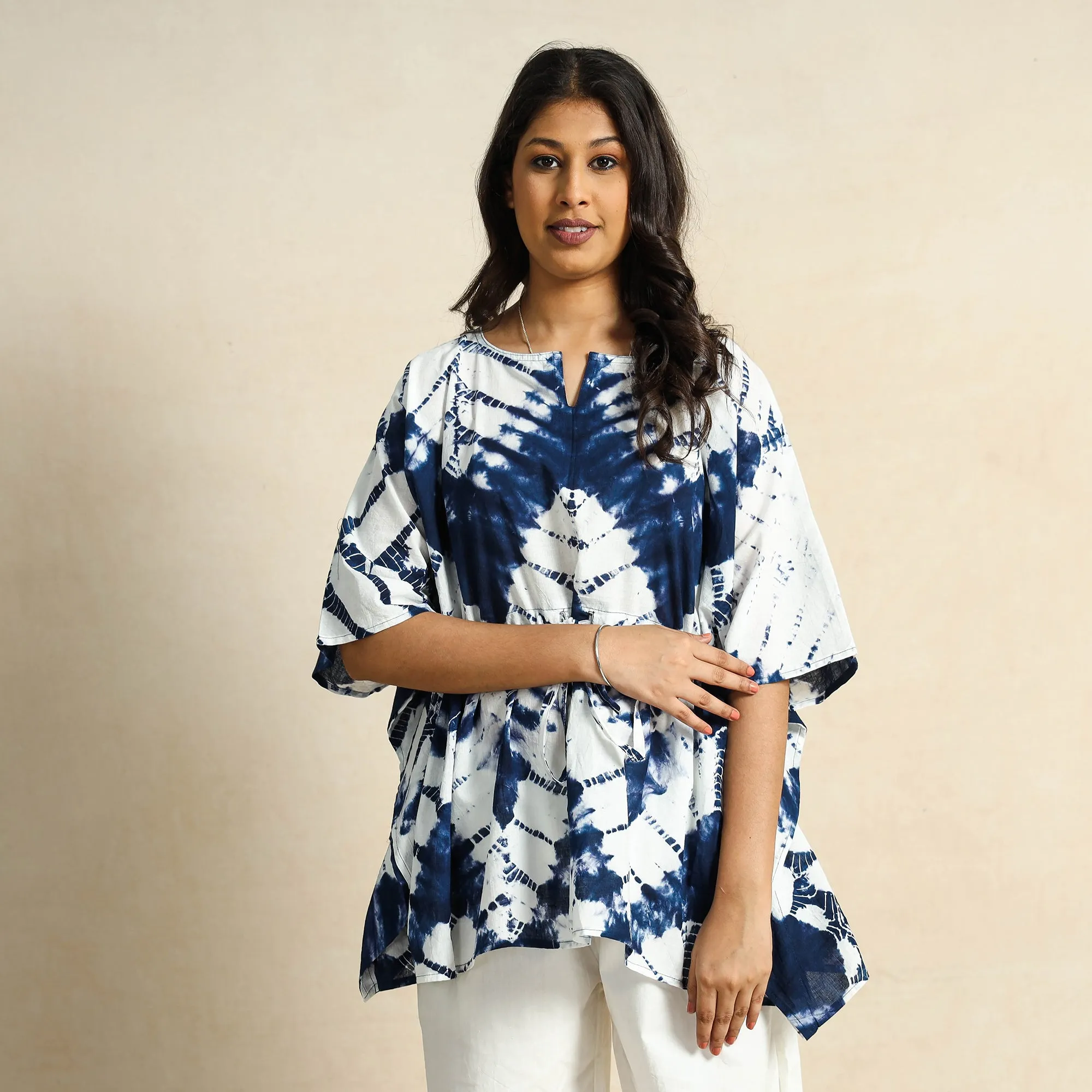 Blue - Shibori Tie-Dye Kaftan & Pyjama Night Suit Set