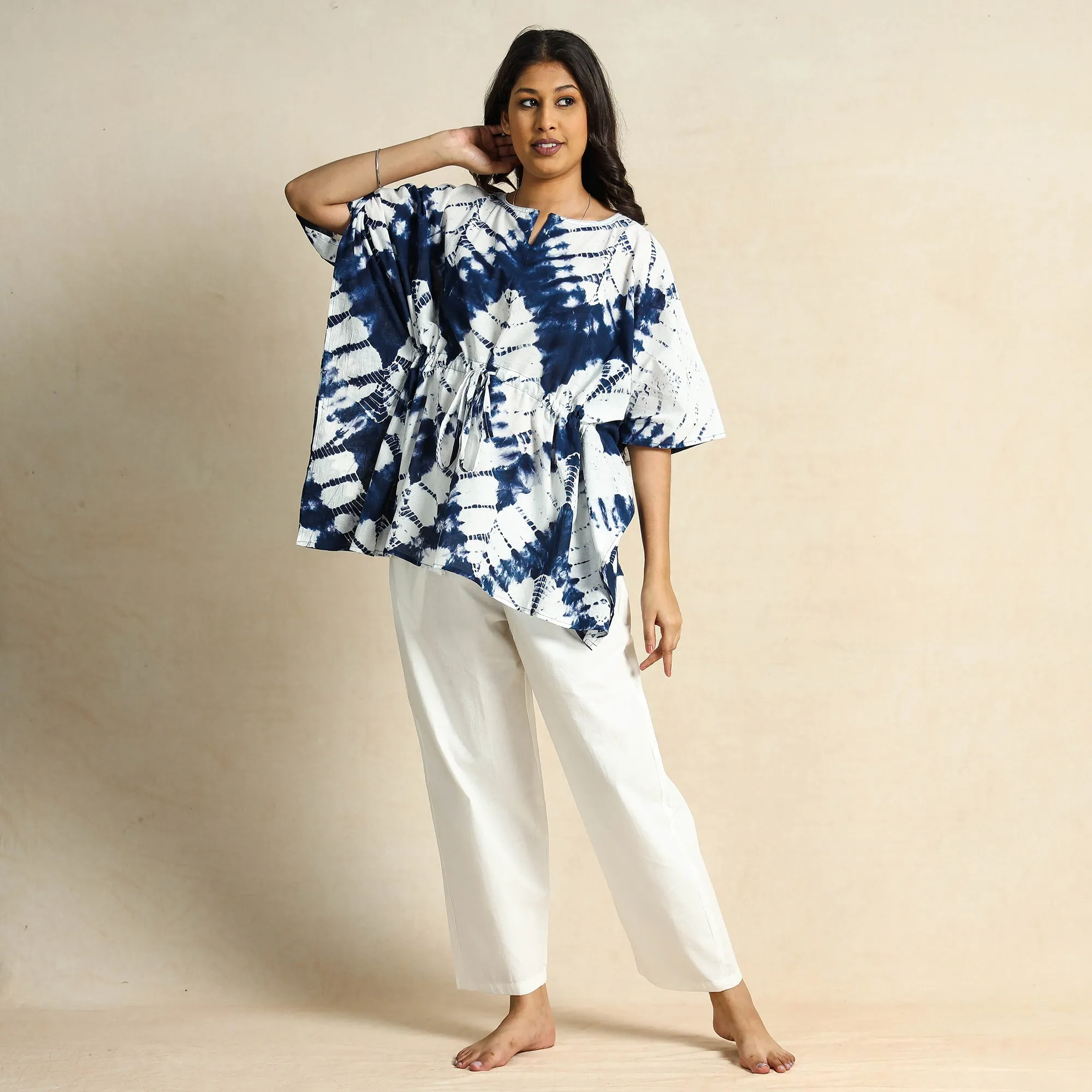 Blue - Shibori Tie-Dye Kaftan & Pyjama Night Suit Set
