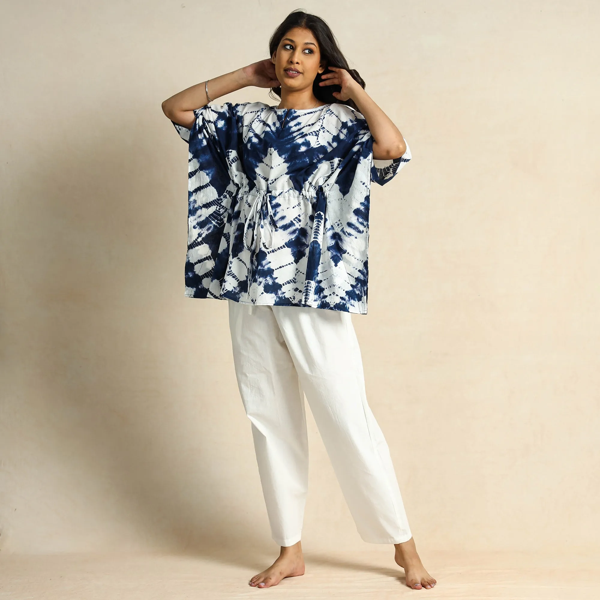 Blue - Shibori Tie-Dye Kaftan & Pyjama Night Suit Set