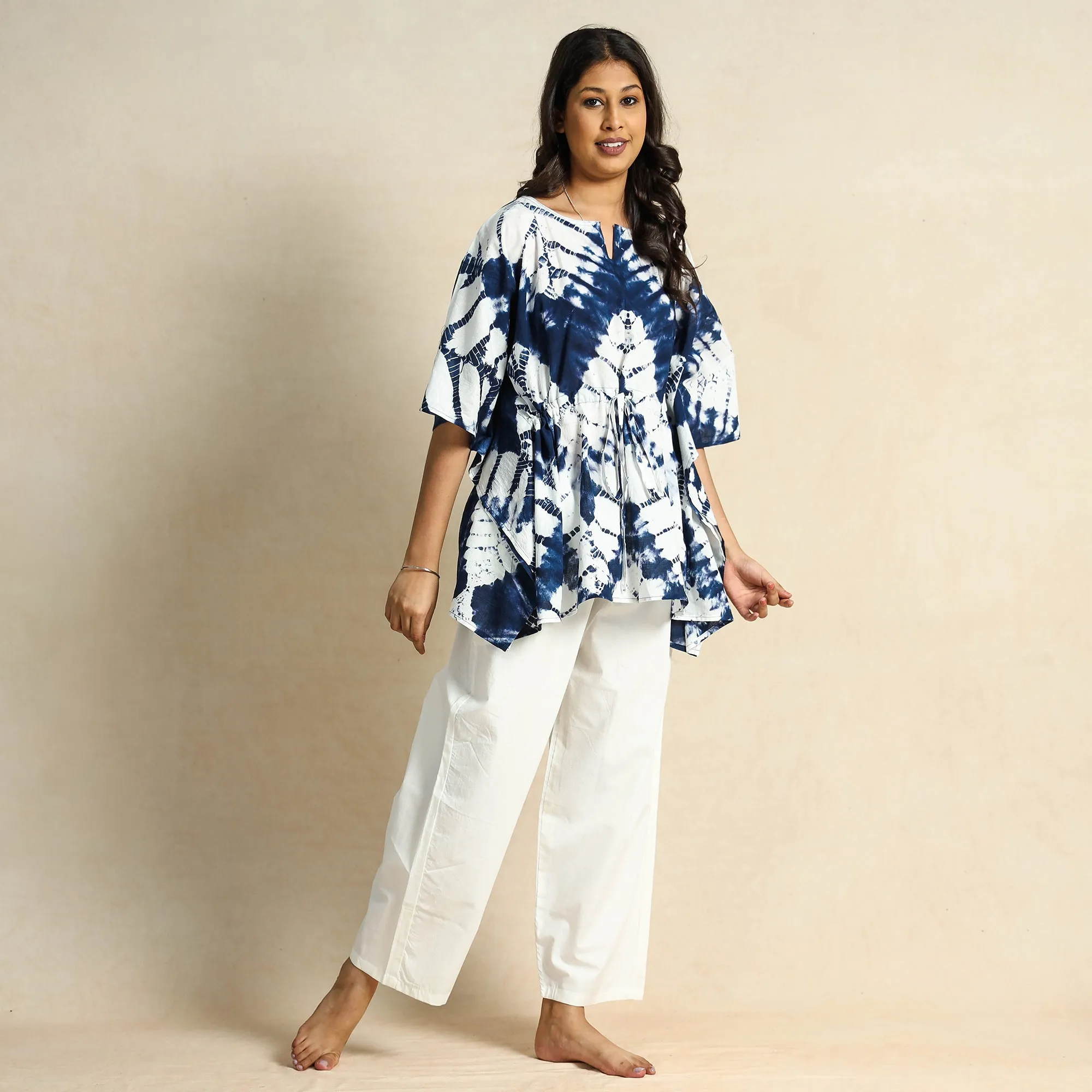 Blue - Shibori Tie-Dye Kaftan & Pyjama Night Suit Set