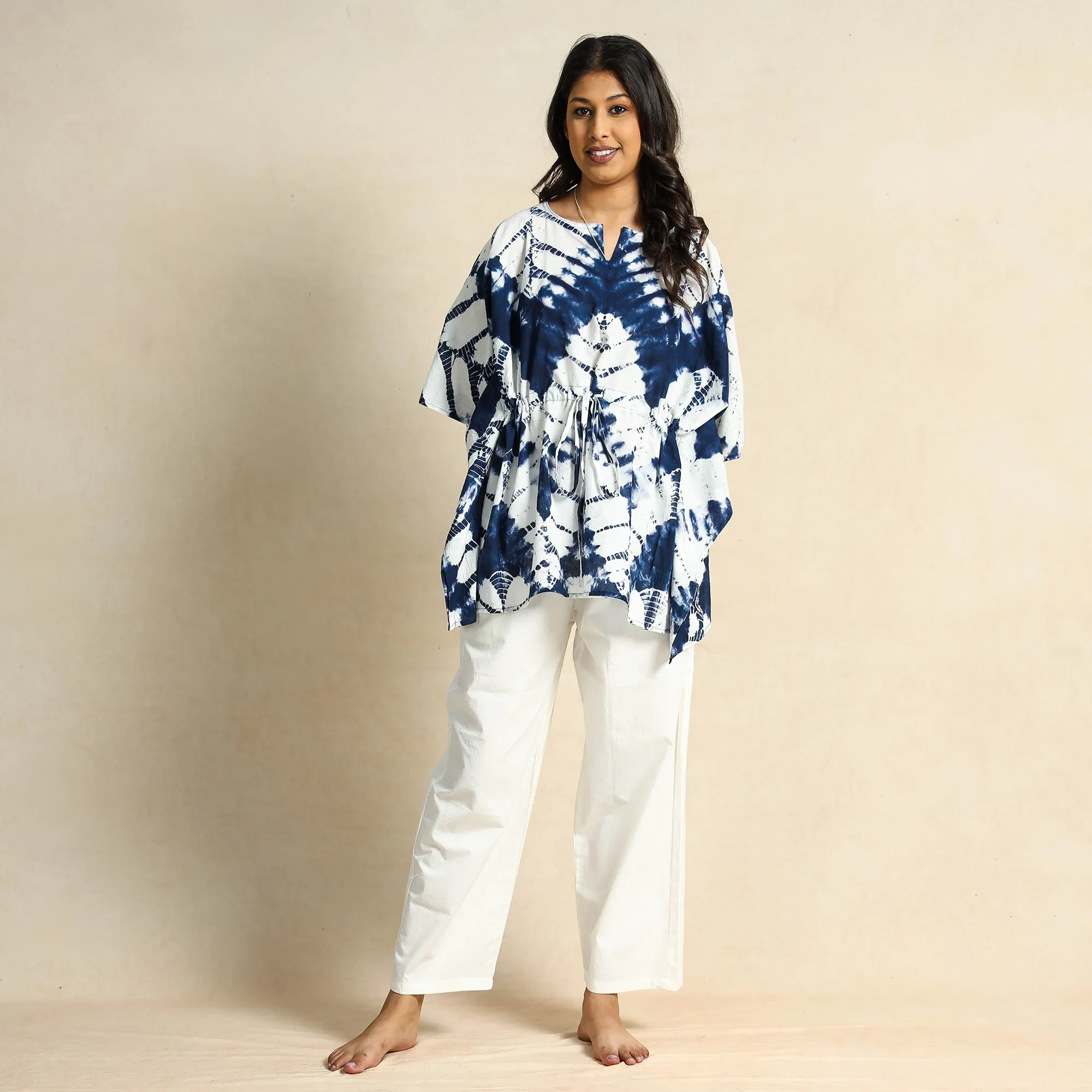 Blue - Shibori Tie-Dye Kaftan & Pyjama Night Suit Set