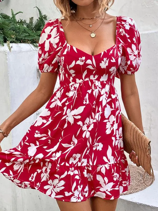 Chic French Vintage Print Sweetheart Neckline Women's Woven Dress