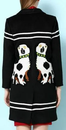 Dog Embroidered Striped Coat in Black