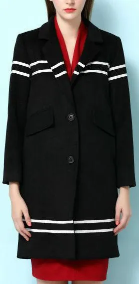 Dog Embroidered Striped Coat in Black