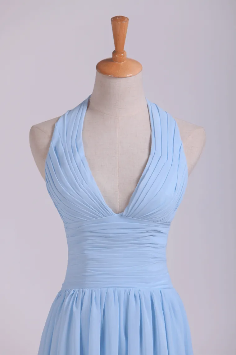 Halter A Line Floor Length Ruffled Bridesmaid Dresses