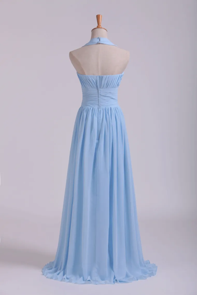 Halter A Line Floor Length Ruffled Bridesmaid Dresses