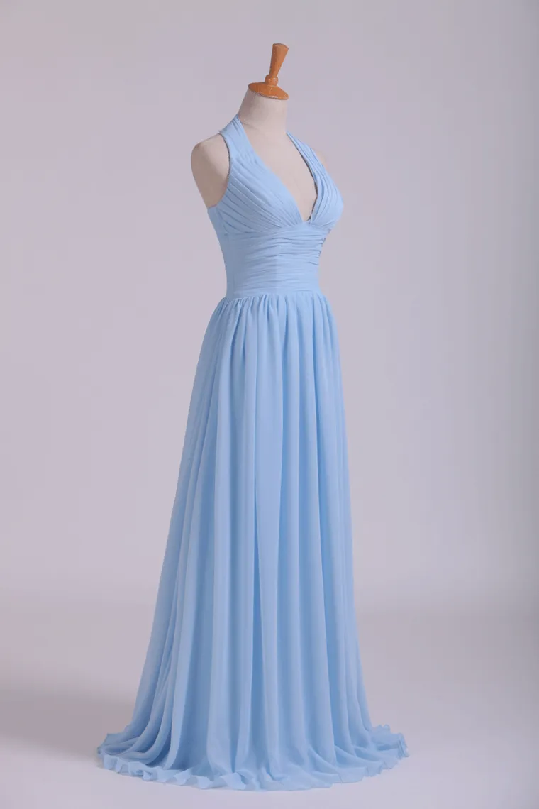 Halter A Line Floor Length Ruffled Bridesmaid Dresses