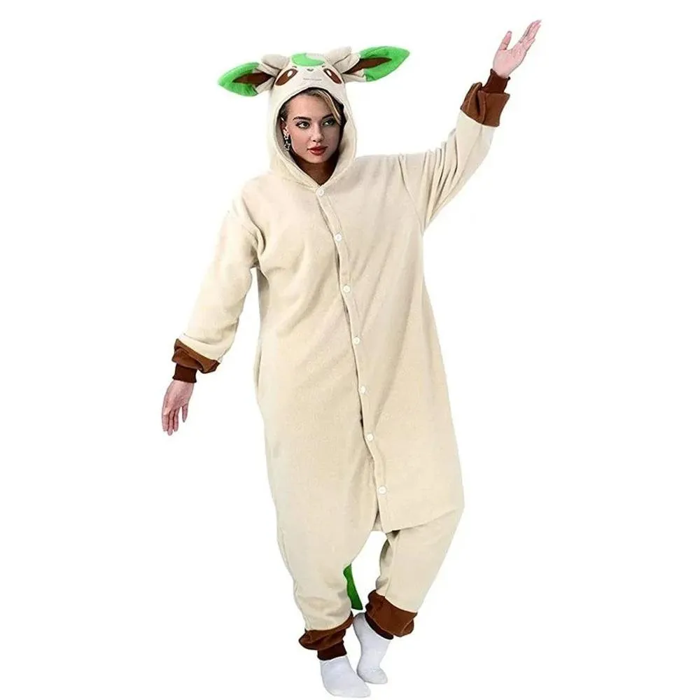 Pokémon Leafeon Kigurumi Onesies Costume Cozy Cartoon Fleece Pajamas