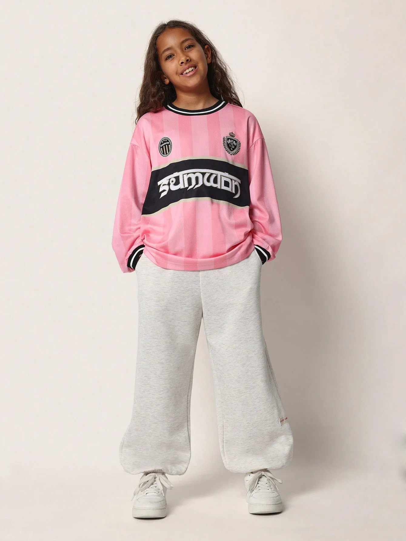 Tween Girls Comfy Oversized Long Sleeve Pink Football Tee With Graphic Print And Patch
