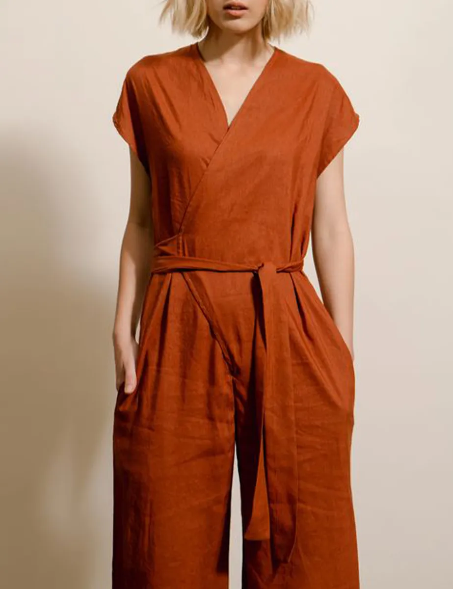 Vintage Wide Leg Linen Wrap Jumpsuit