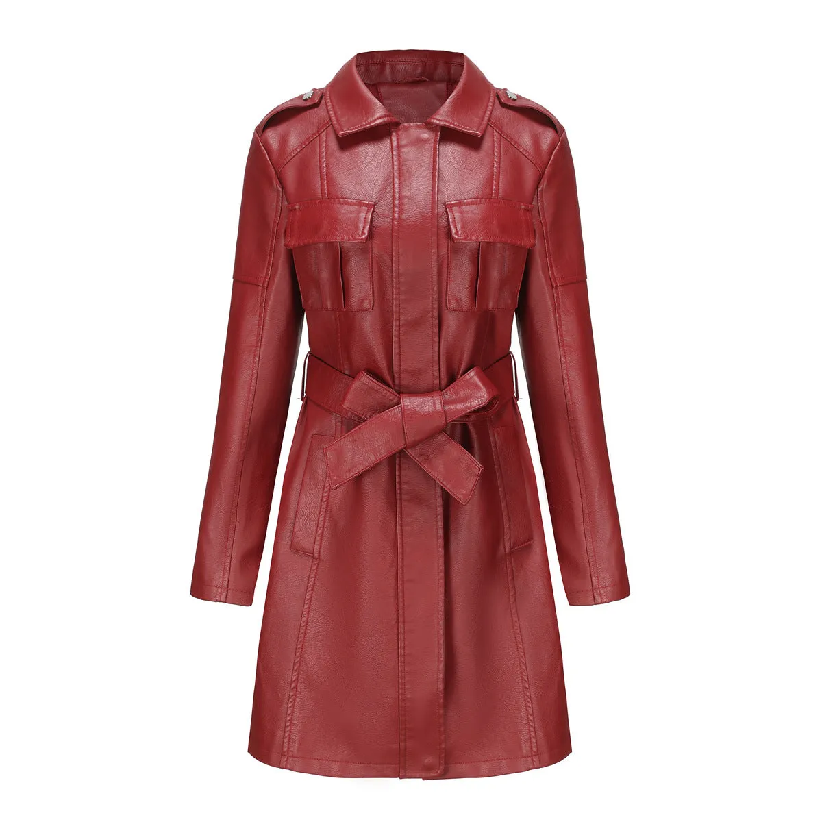 Women's Mid-Length Belted Faux Leather Long Sleeve Jacket with Zipper Design