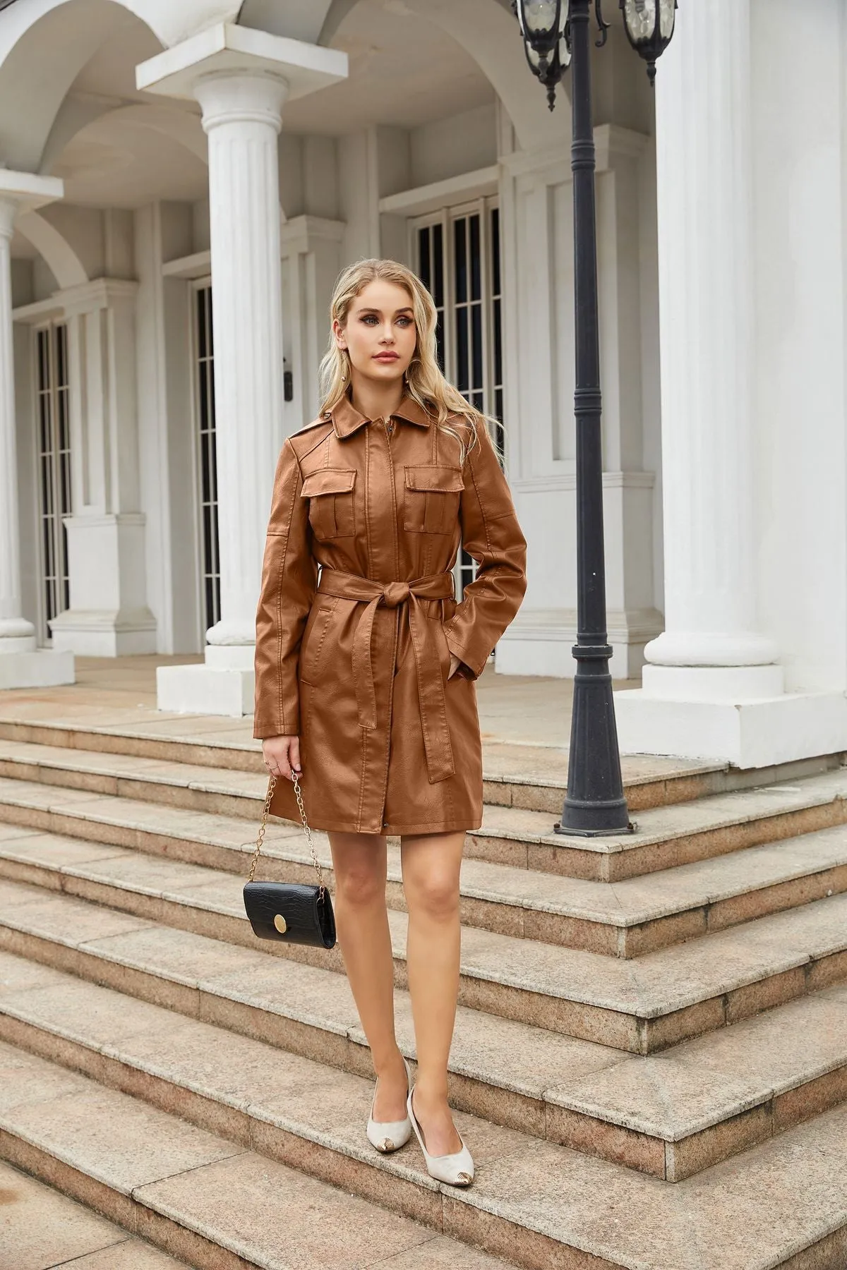 Women's Mid-Length Belted Faux Leather Long Sleeve Jacket with Zipper Design