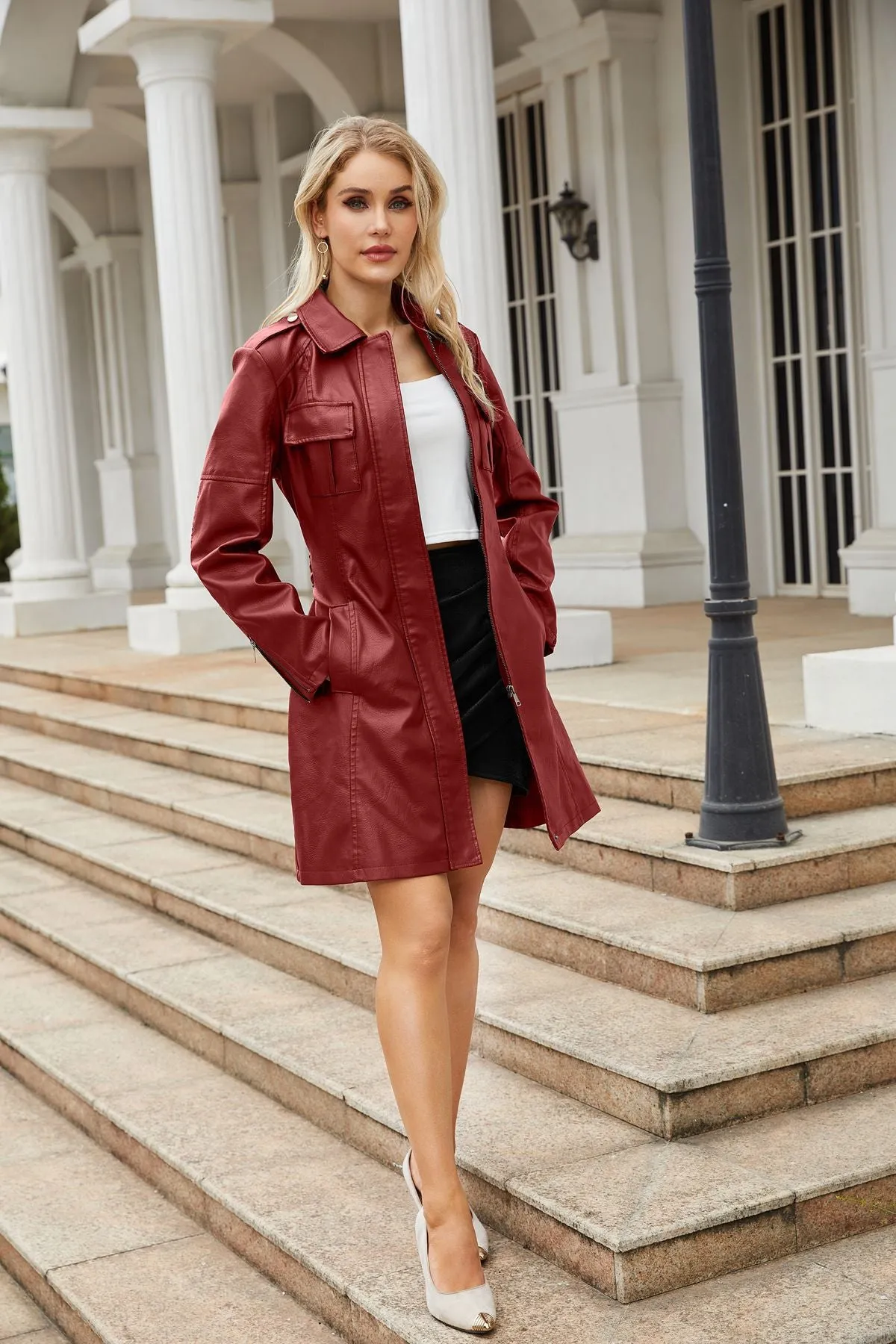 Women's Mid-Length Belted Faux Leather Long Sleeve Jacket with Zipper Design